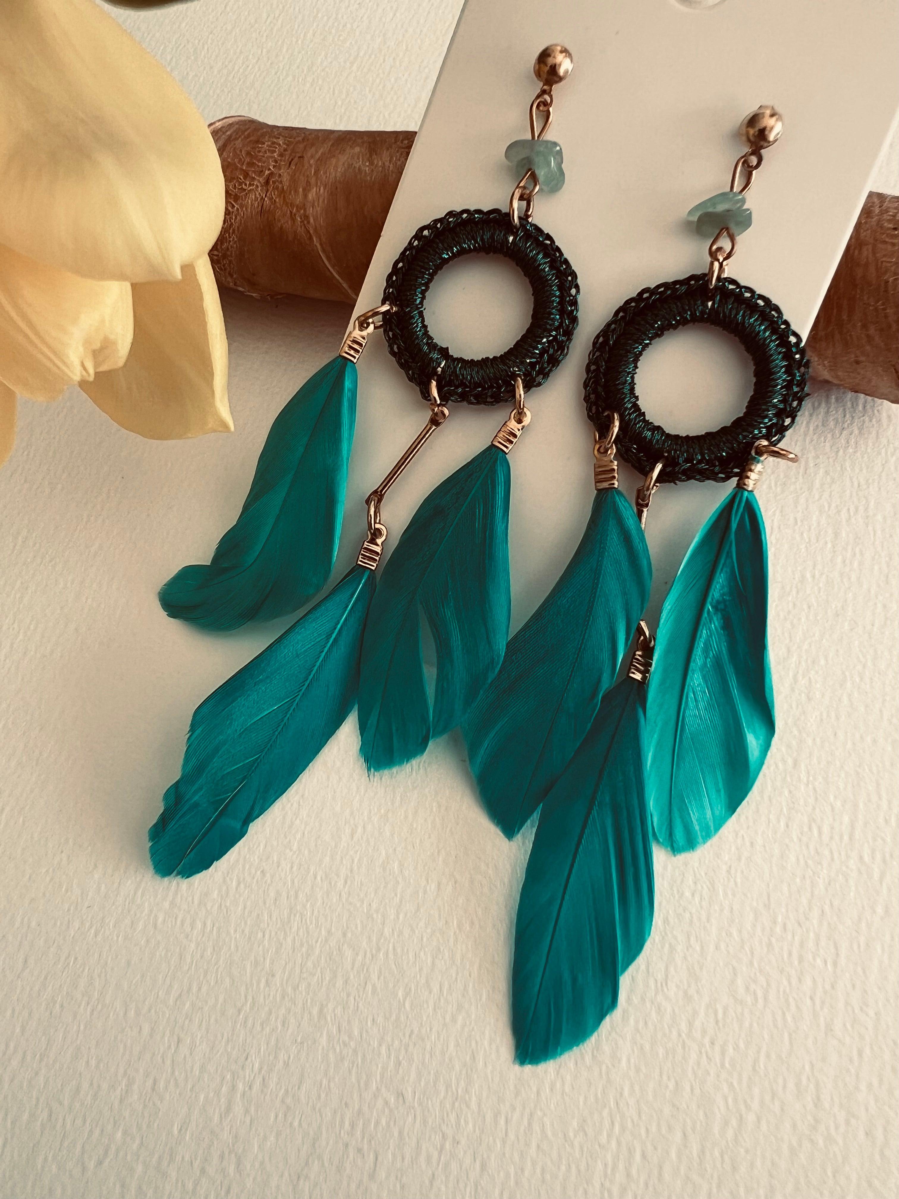 Boucles d’oreilles LIZA longues plumes turquoise