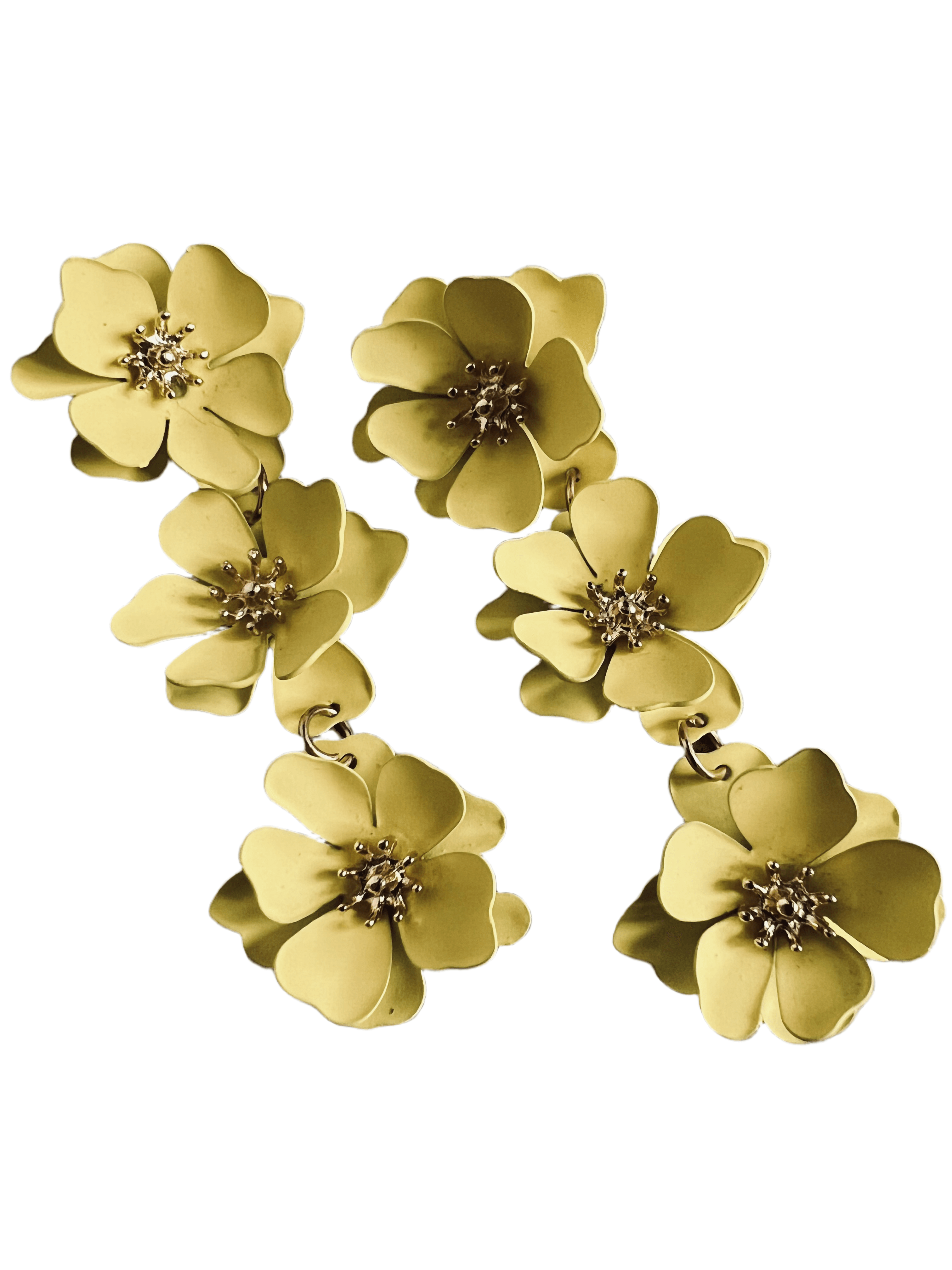 Boucles d’oreilles pendantes AXELLE - 3 fleurs métal jaunes