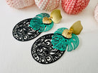 Boucles d’oreilles ABBY cœurs love you dorés et feuilles tropicales vert menthe - Créations Uniques