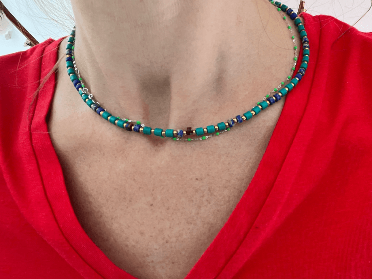 Collier NATACHA perles turquoise et bleu marine.