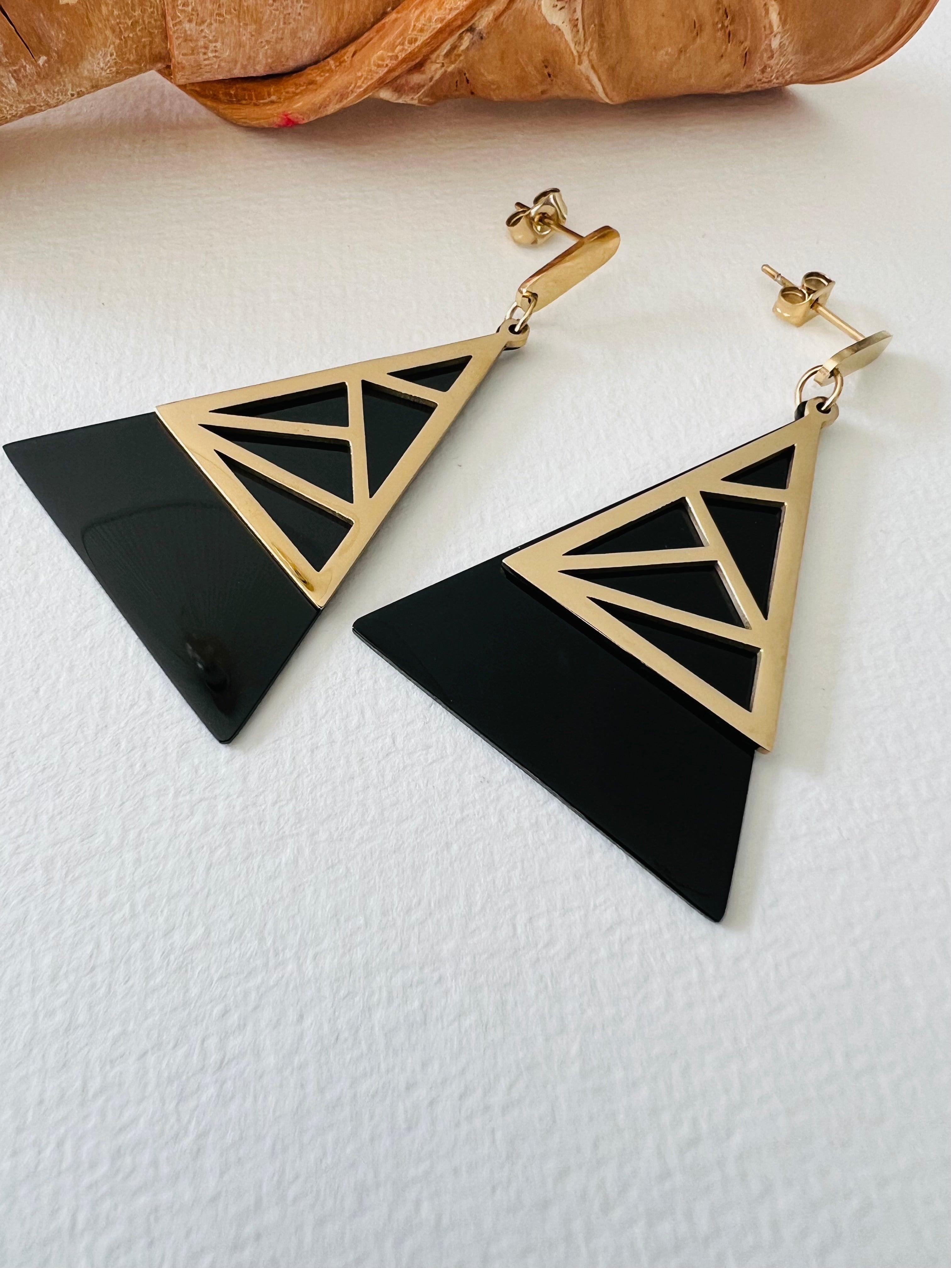 Boucles d’oreilles ARAVA triangles noirs et dorés