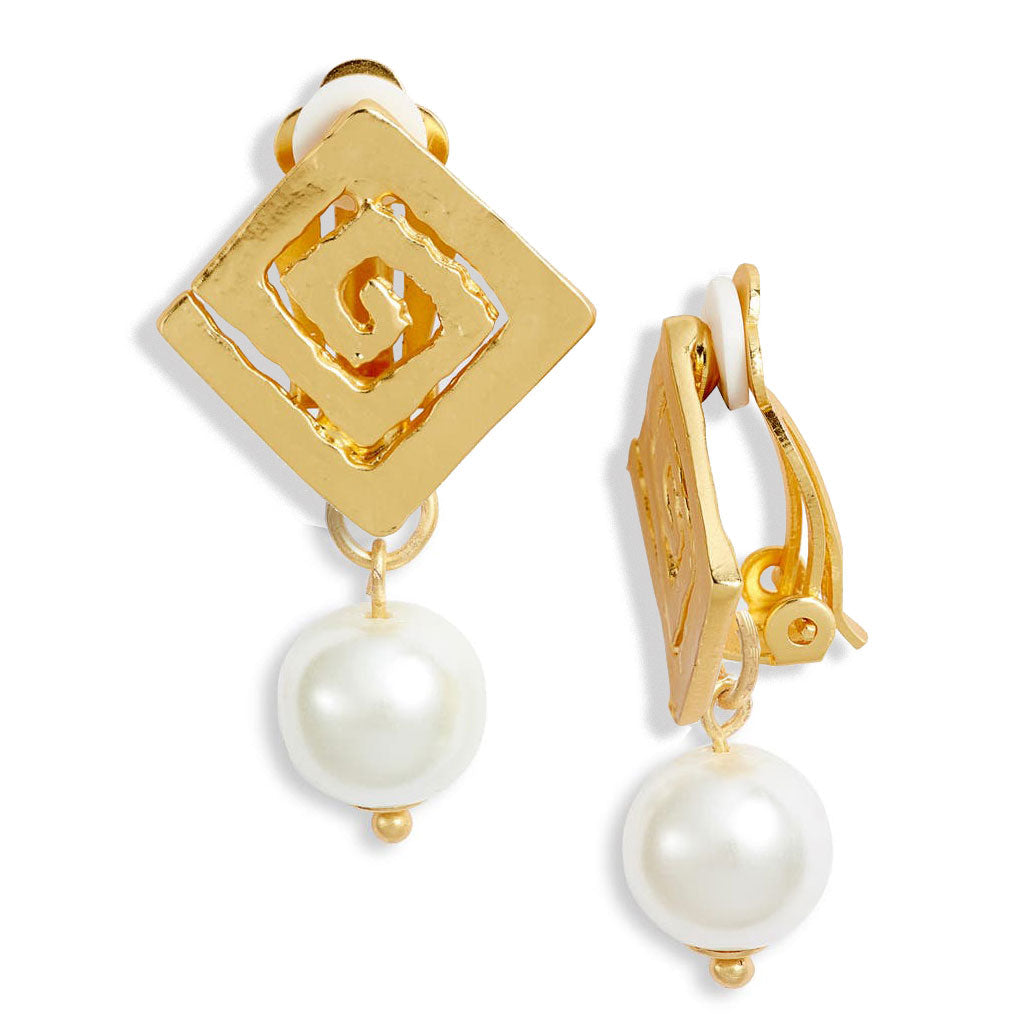 Square spiral pearl drop clip-on earrings - Karine Sultan