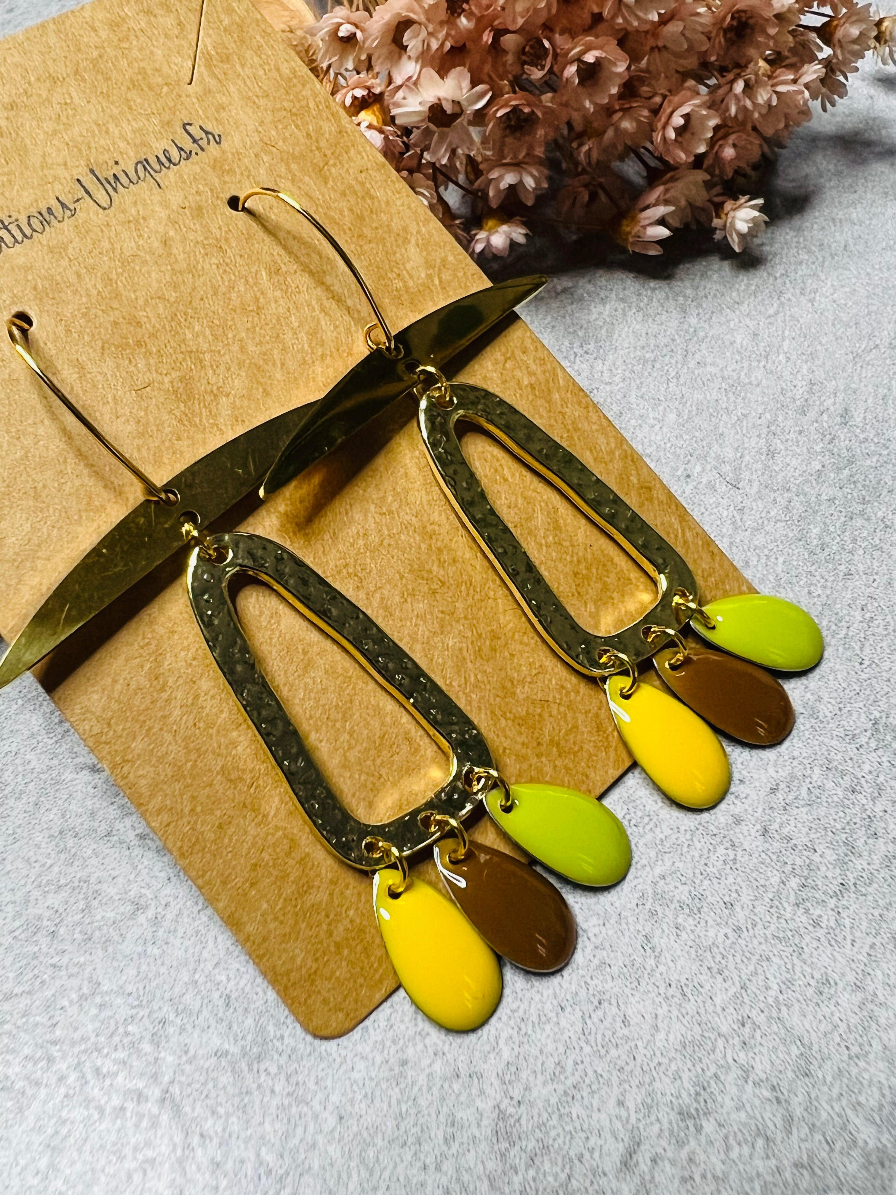 Boucles d’oreilles SARASVATI jaune marron noisette et vert anis - Créations Uniques