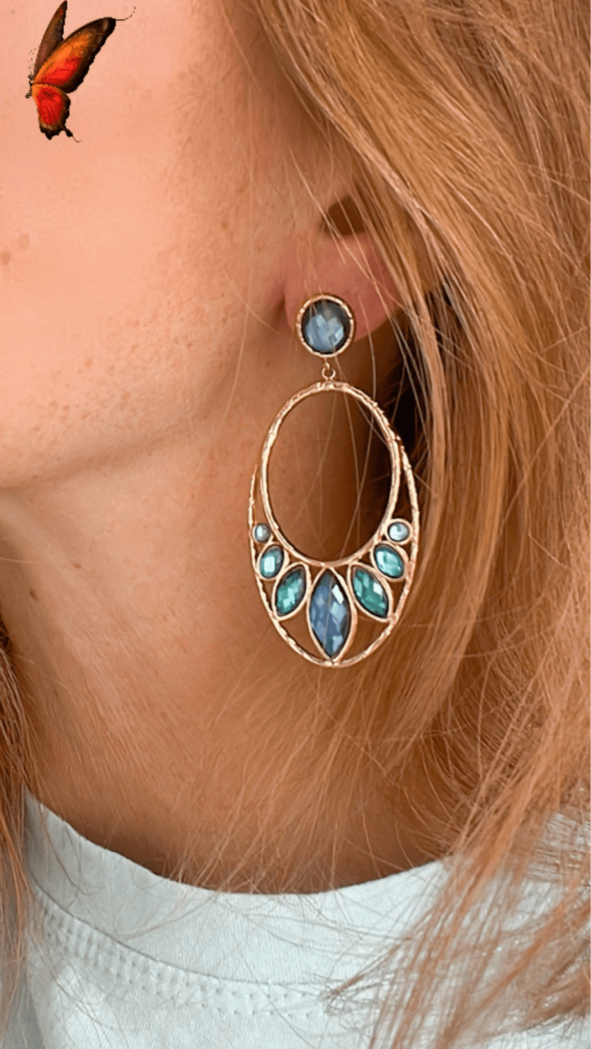 Boucles d’oreilles chic CENDRINE ovales dorés cabochons brillants nuances de bleus